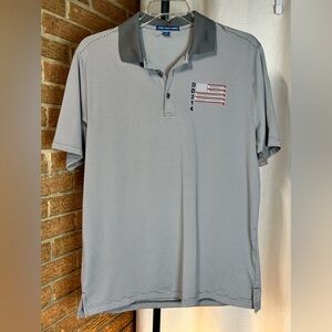 Retired Military DD214 Port Authority Men's Gray Polo with Embroidered Flag